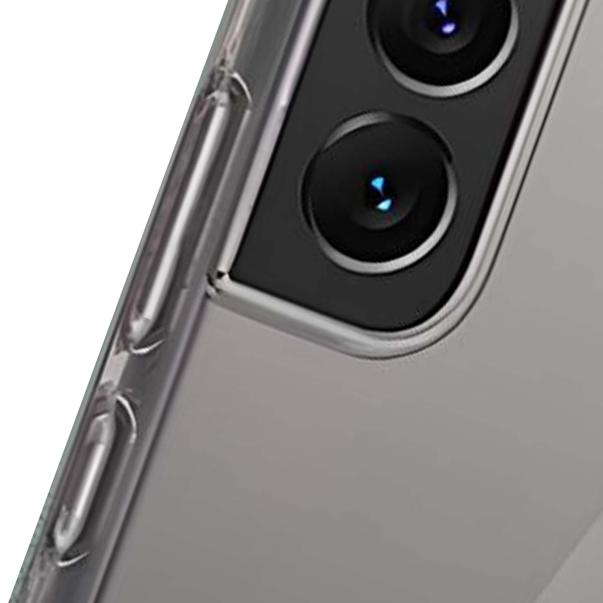 Primo piano del retro di uno smartphone con due obiettivi e pulsanti argentati.