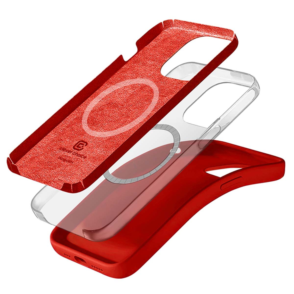 Custodia rossa per telefono con sezione trasparente e anello magnetico.