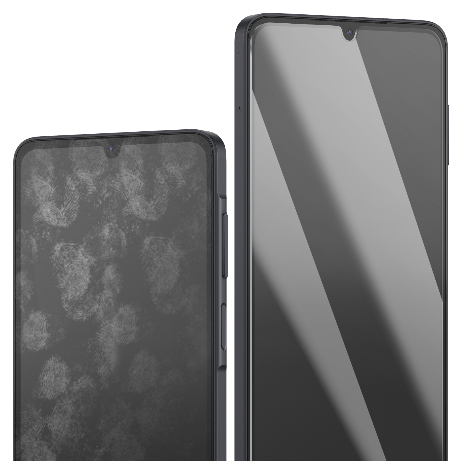 Twee smartphones naast elkaar, één met vingerafdrukken, de ander schoon.