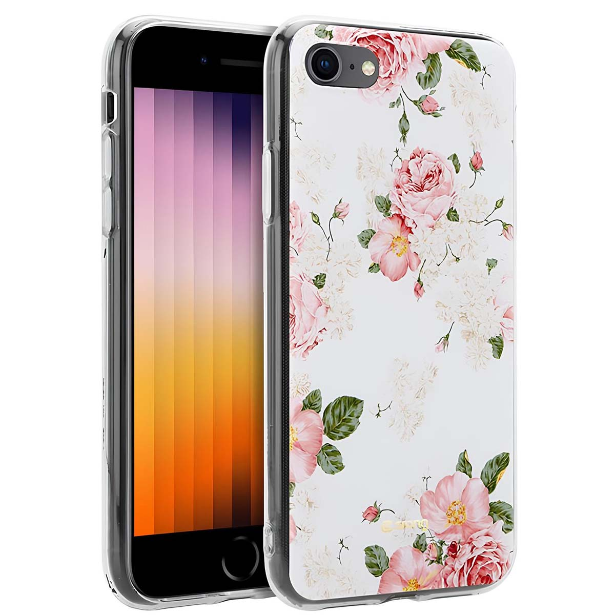 Una cover trasparente per telefono con rose rosa e fiori bianchi su sfondo bianco.