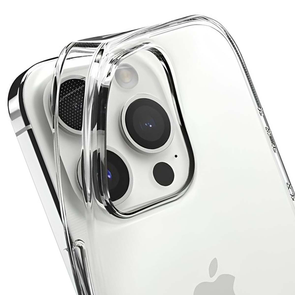 Custodia trasparente per telefono mostra un primo piano delle lenti della fotocamera su un telefono bianco.