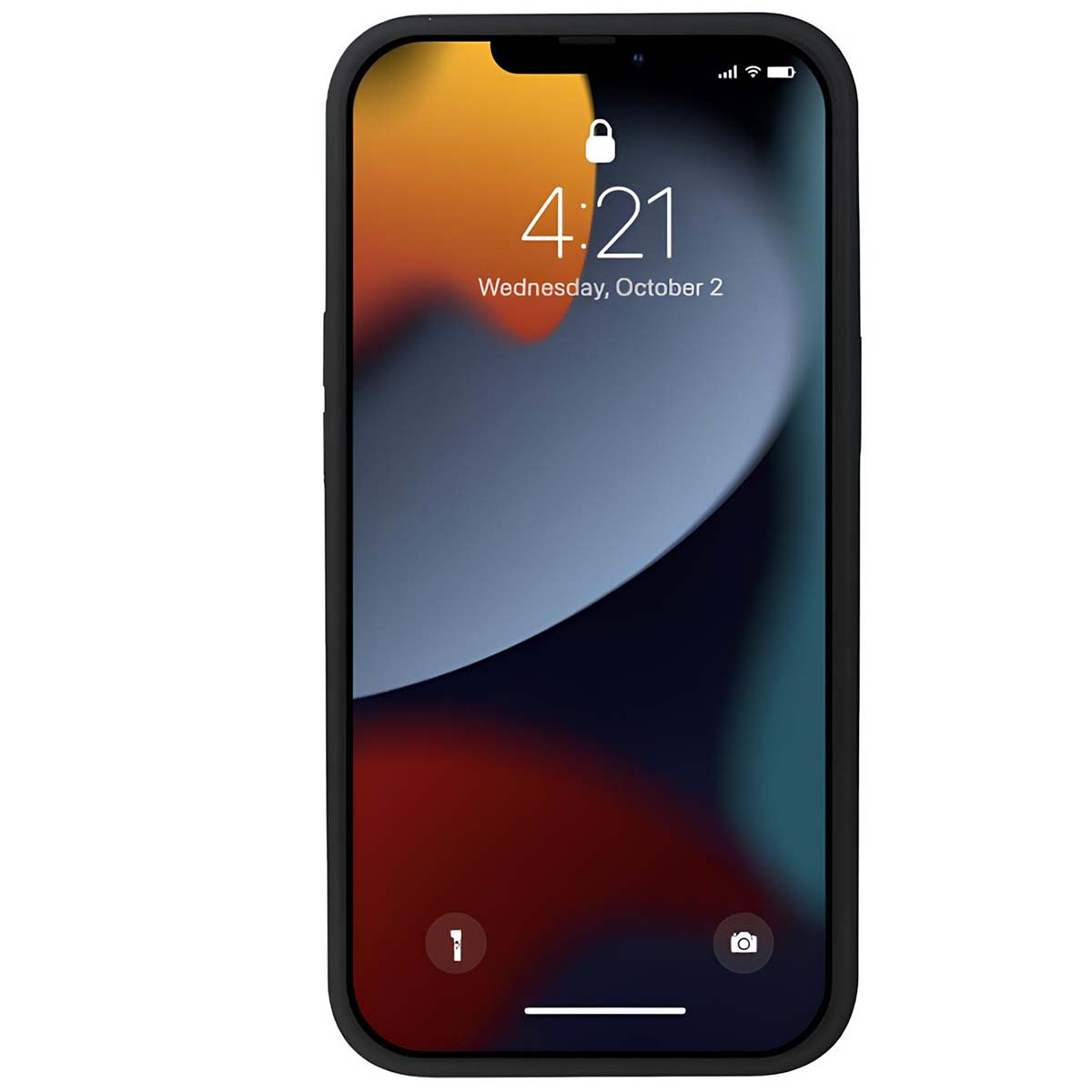 Un iPhone in orizzontale mostra la schermata di blocco con l'ora 4:21 e la data.