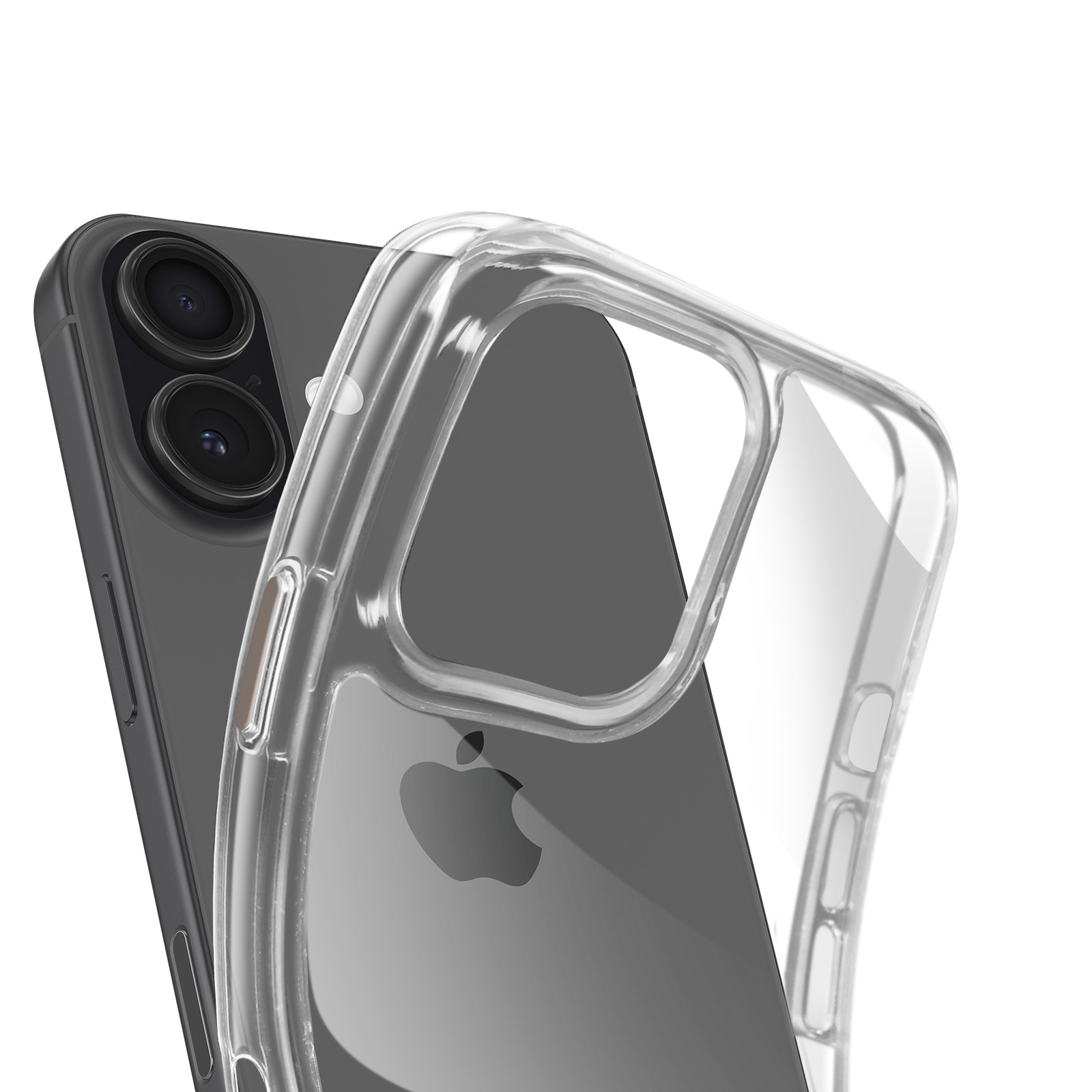 Custodia trasparente su smartphone scuro con due fotocamere.