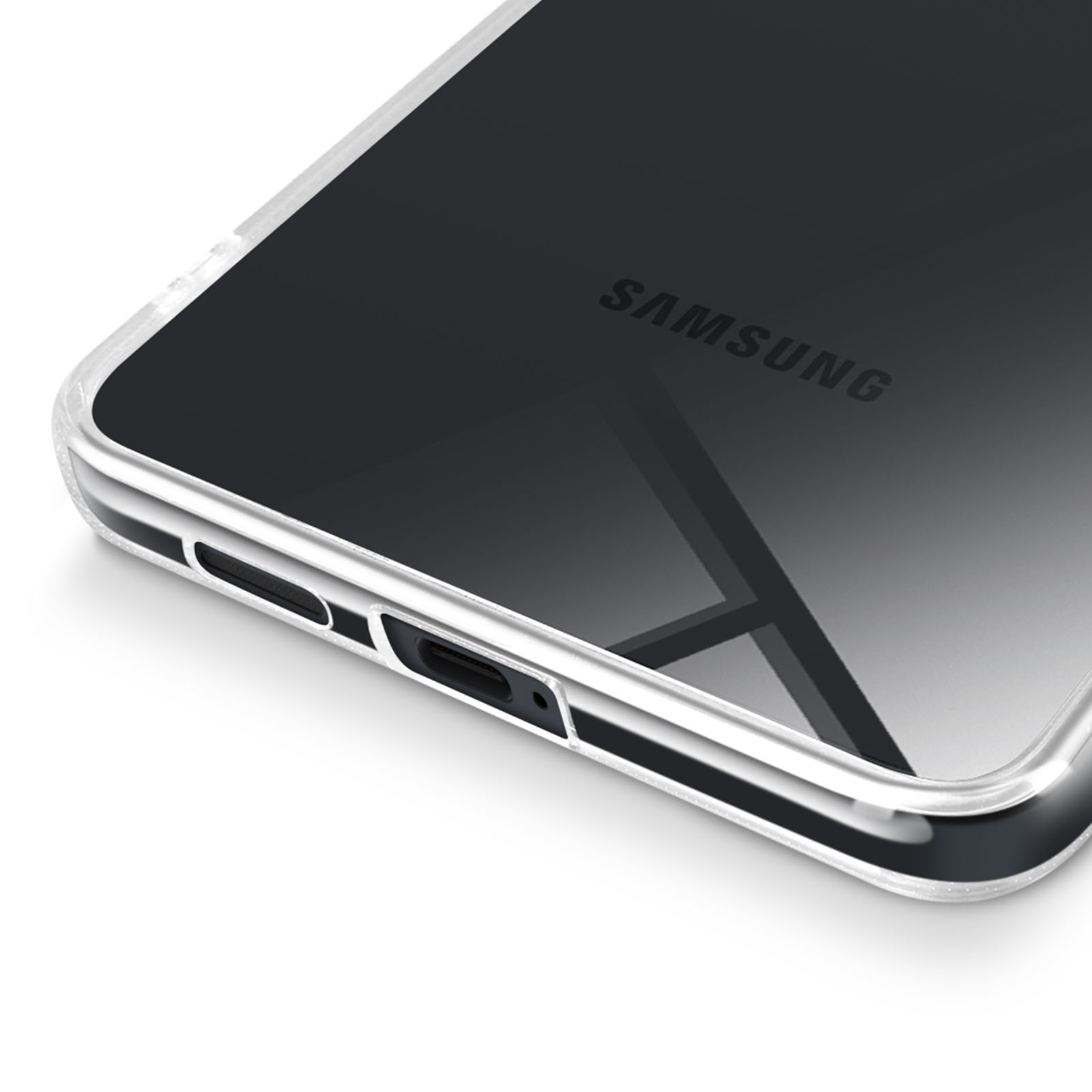 Transparente Handyhülle mit Samsung-Logo und Ladeanschluss.
