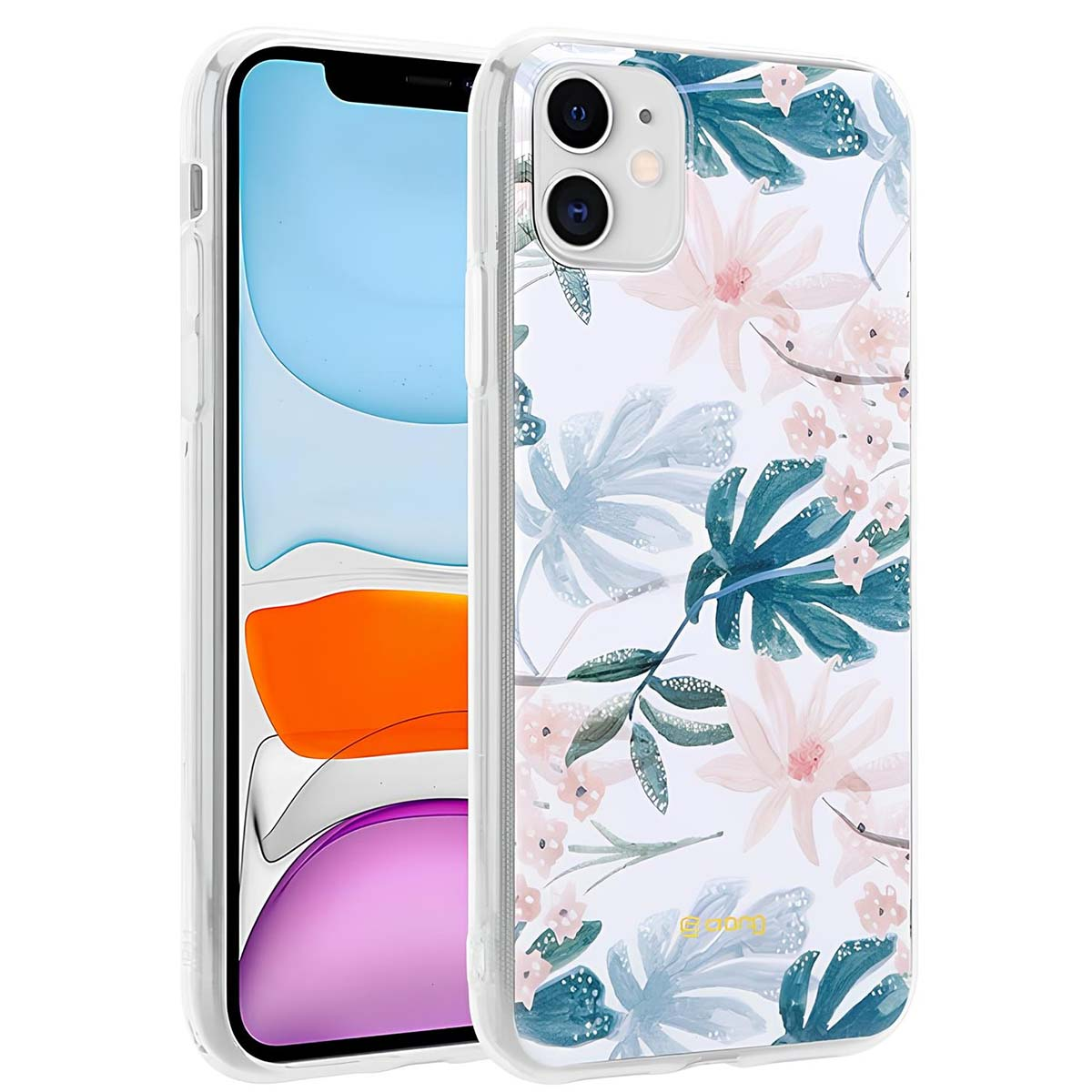 Una cover trasparente per telefono con motivo floreale blu e rosa su sfondo bianco.
