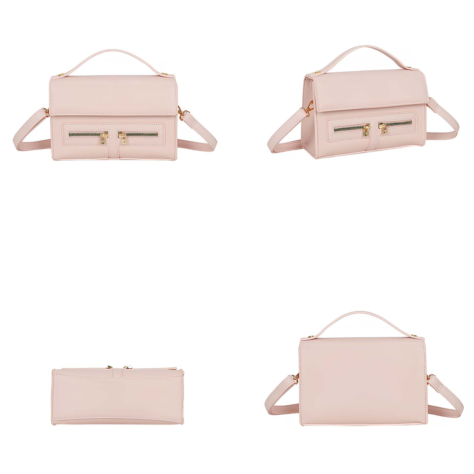 Un bolso rosa con dos bolsillos frontales con cremallera y asa superior.