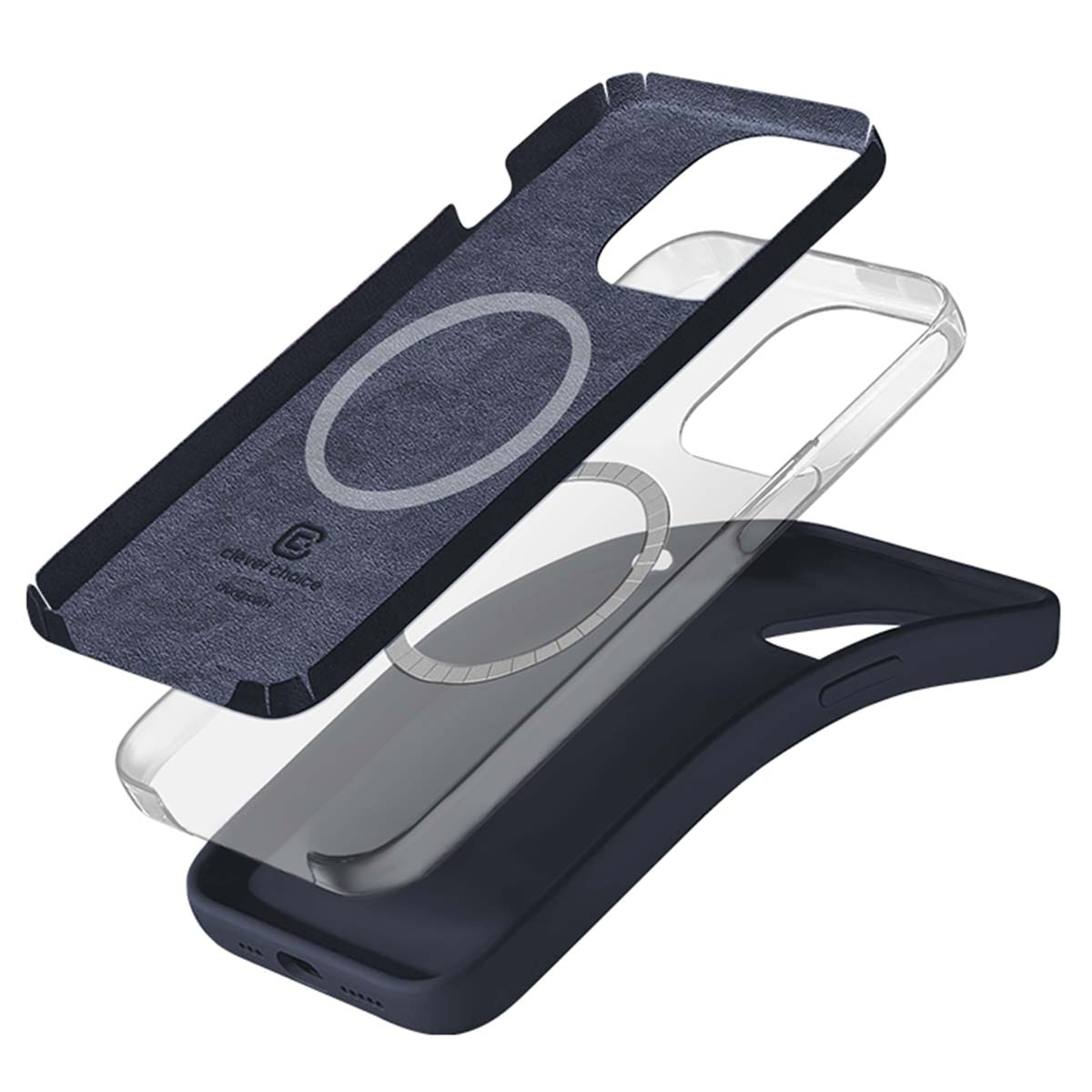 Tre parti di custodia per telefono: custodia interna blu scuro, custodia trasparente e custodia esterna blu scuro.