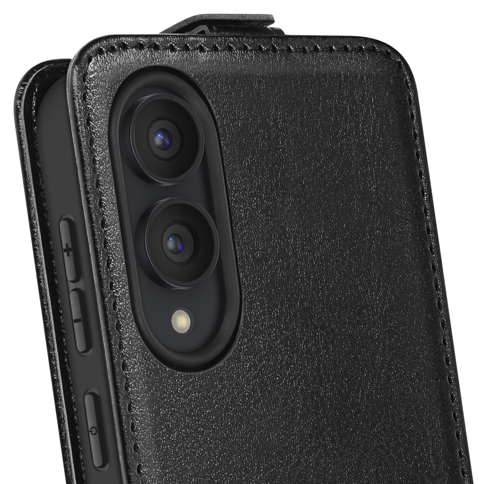 Custodia in pelle nera per telefono con lenti della fotocamera e pulsanti.