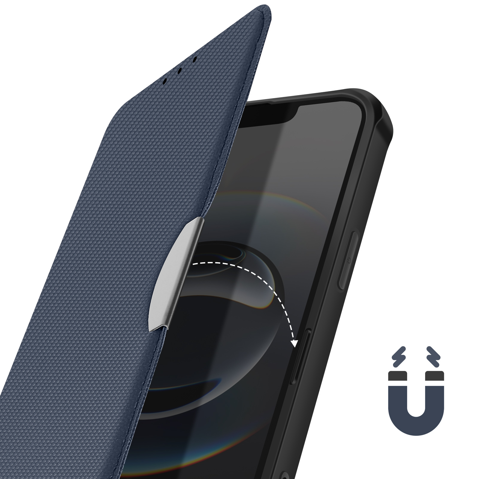Una cover blu si apre rivelando uno smartphone con icona magnete.
