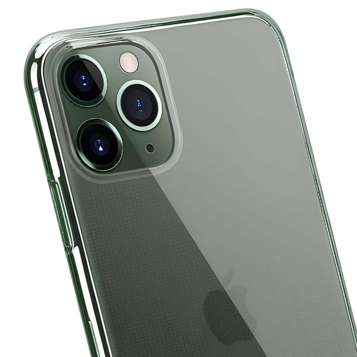 Primo piano del retro di uno smartphone con custodia trasparente e tripla fotocamera.