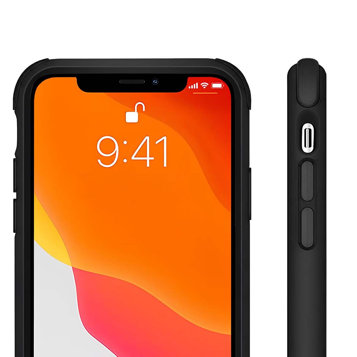 Custodia nera per iPhone con sfondo arancione, mostra le 9:41.
