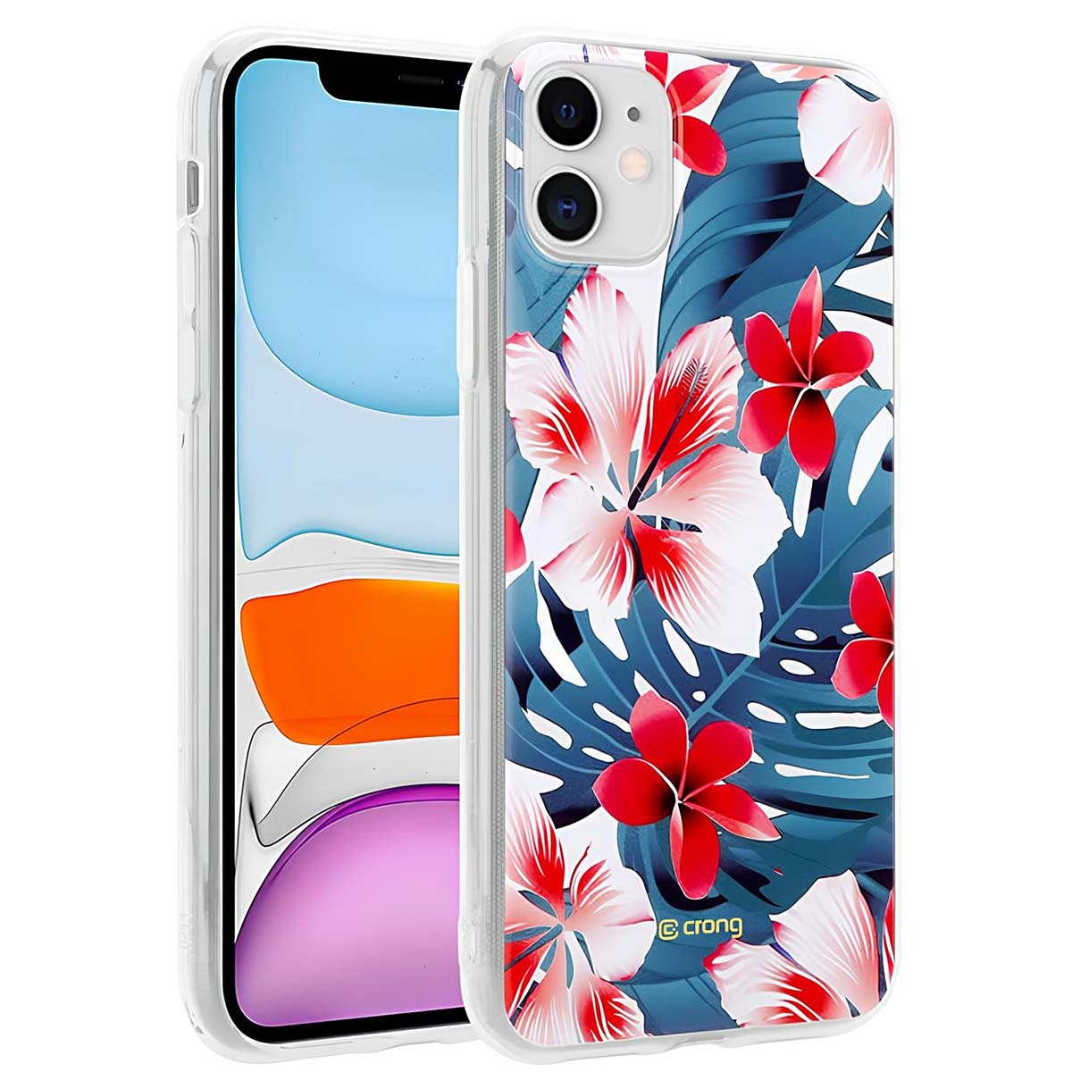 Una cover trasparente per telefono con fiori di ibisco rossi e bianchi su fogliame blu.