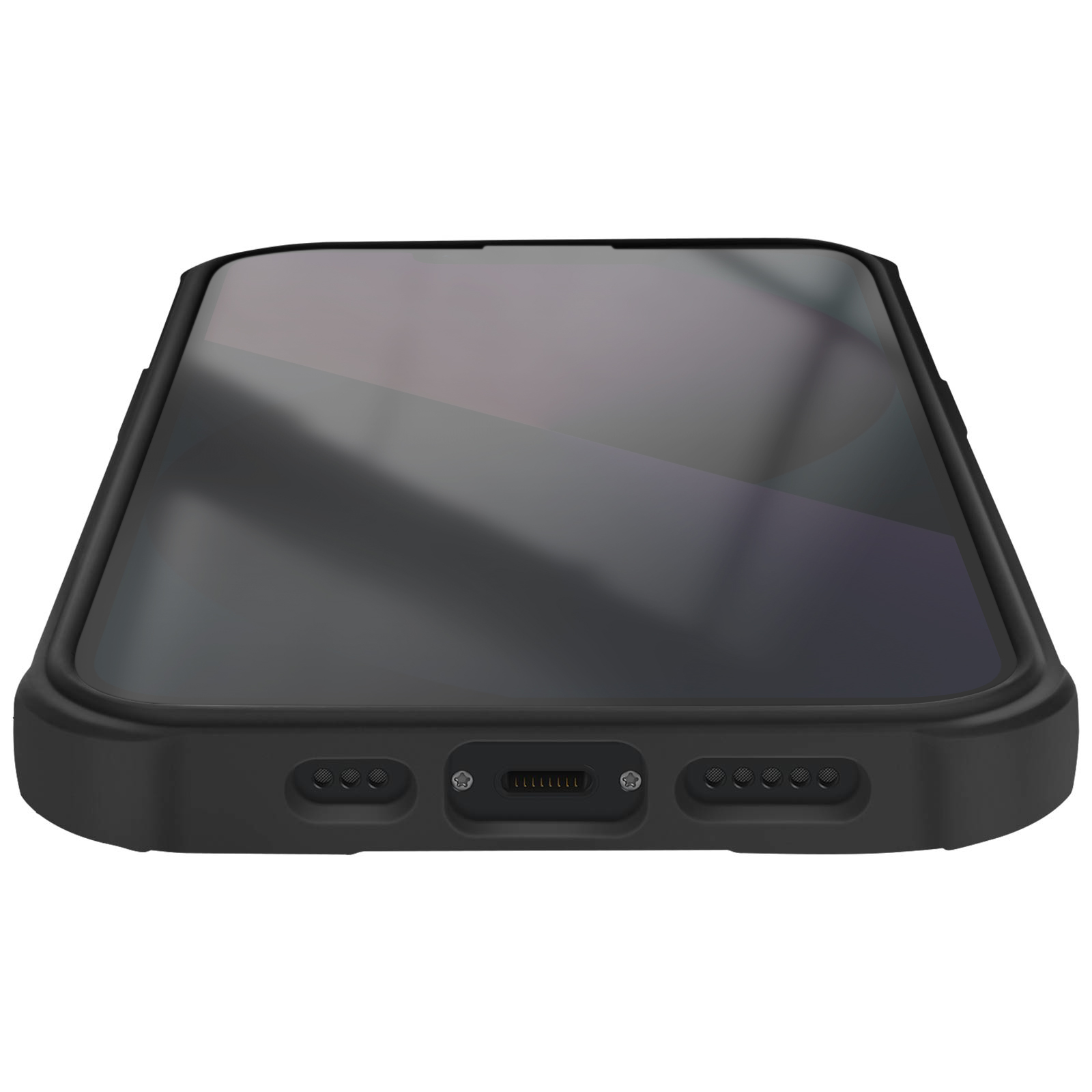 Smartphone nero con porta di ricarica e griglie altoparlanti.