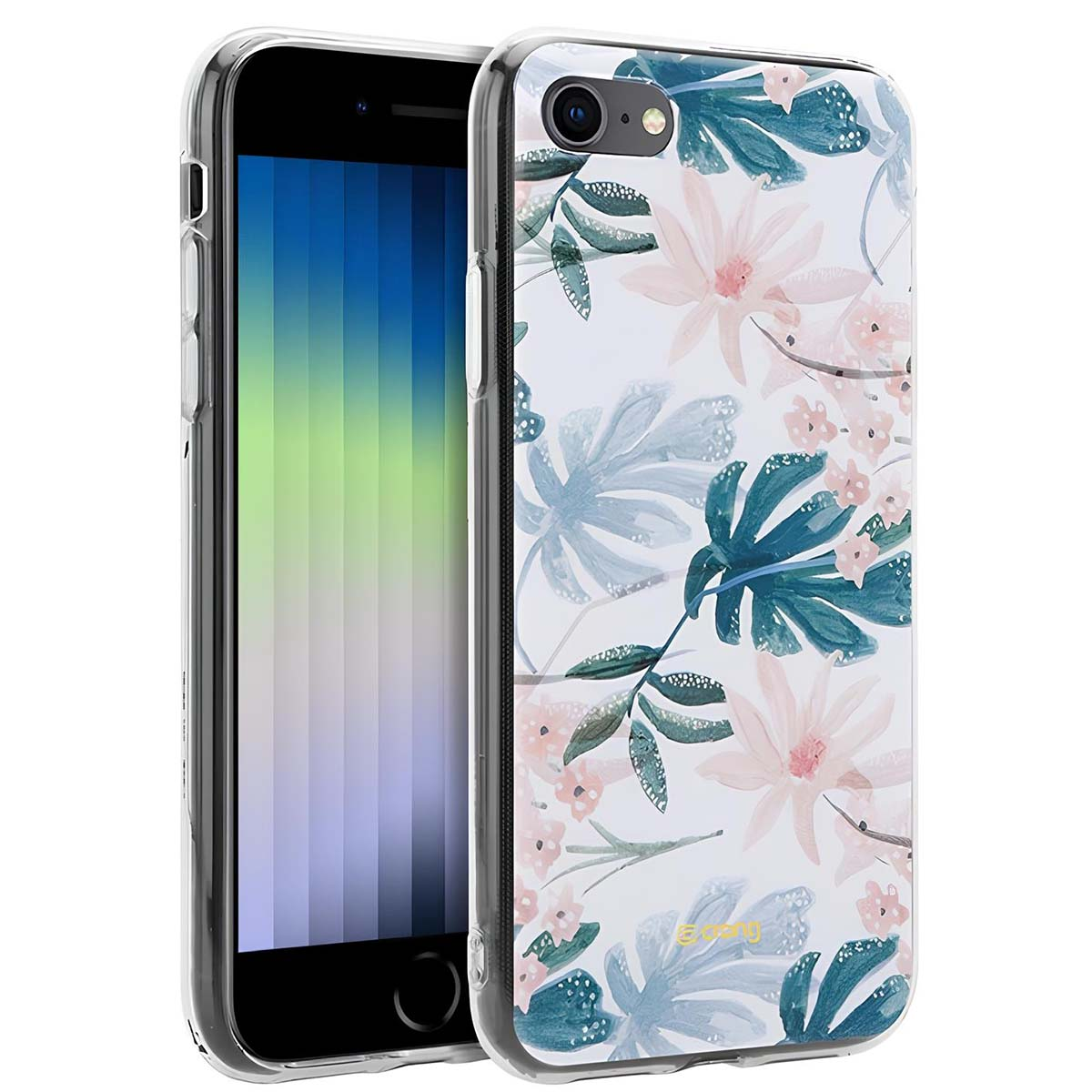 Un iPhone in una custodia trasparente con fantasia floreale rosa e blu.