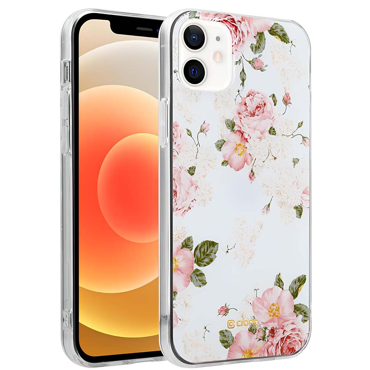 Una custodia trasparente per telefono con motivo floreale rosa.