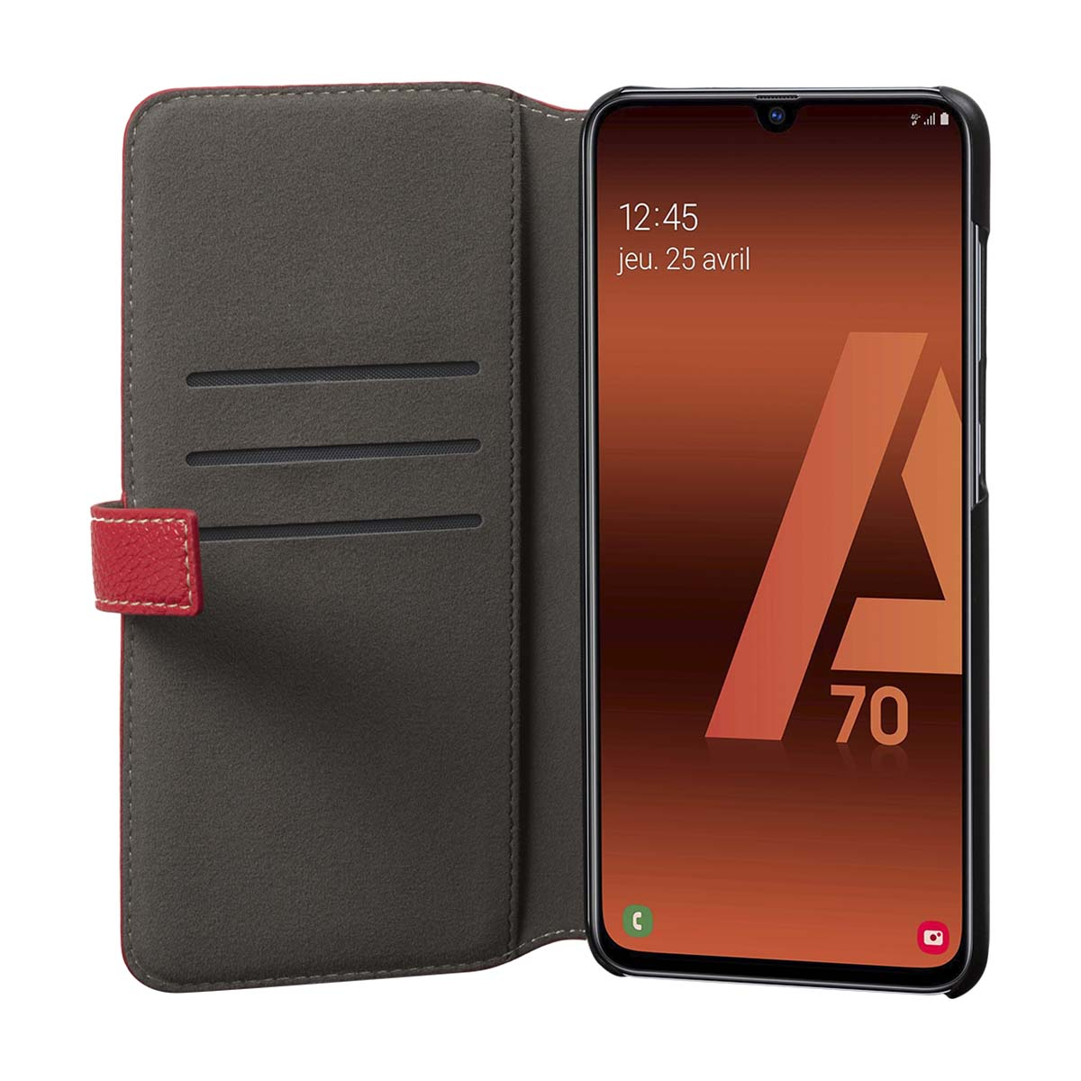 Ein rotes Klapphandyhülle mit grauer Innenseite und einem Smartphone.