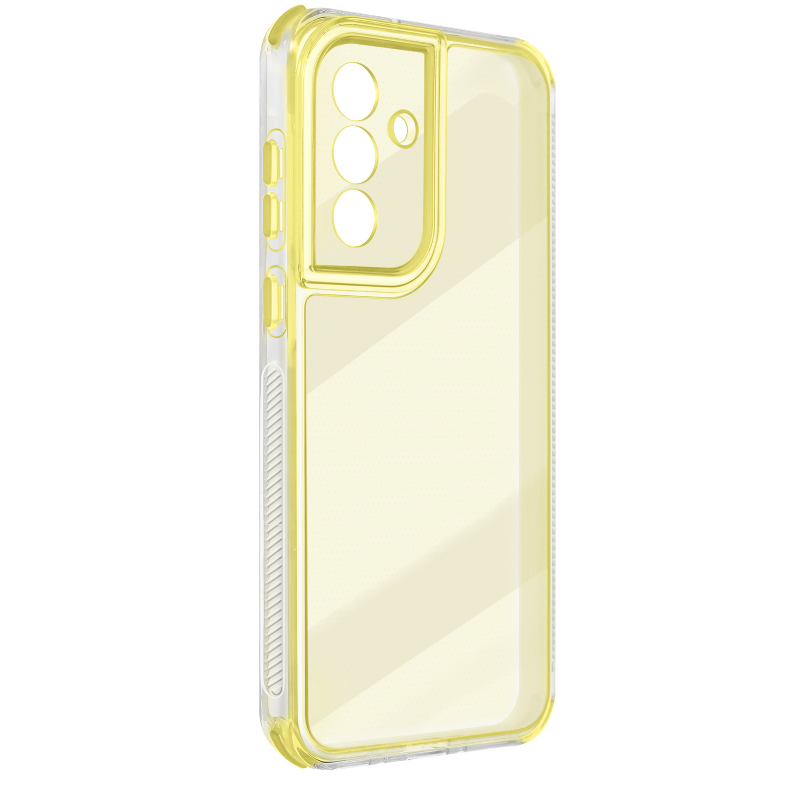 Une coque de téléphone jaune transparente avec découpes pour appareils photo et boutons.