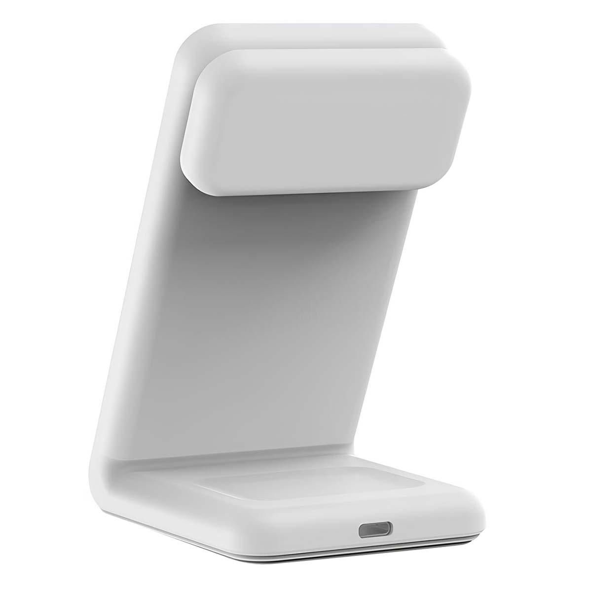 Un caricabatterie wireless bianco su sfondo bianco.