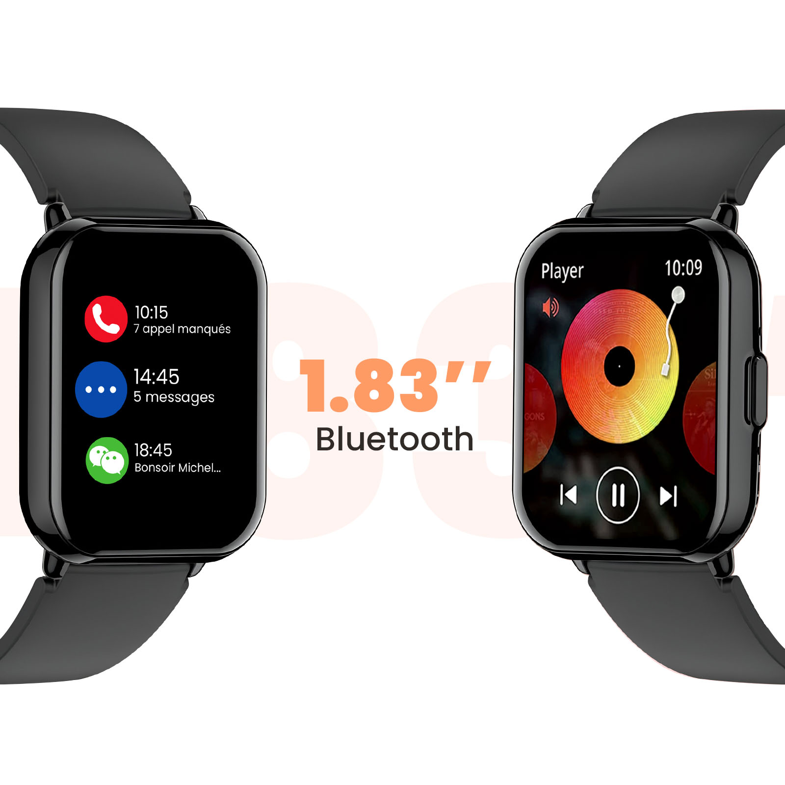 Eine schwarze Smartwatch mit zwei Bildschirmen: links Benachrichtigungen, rechts Musikplayer.