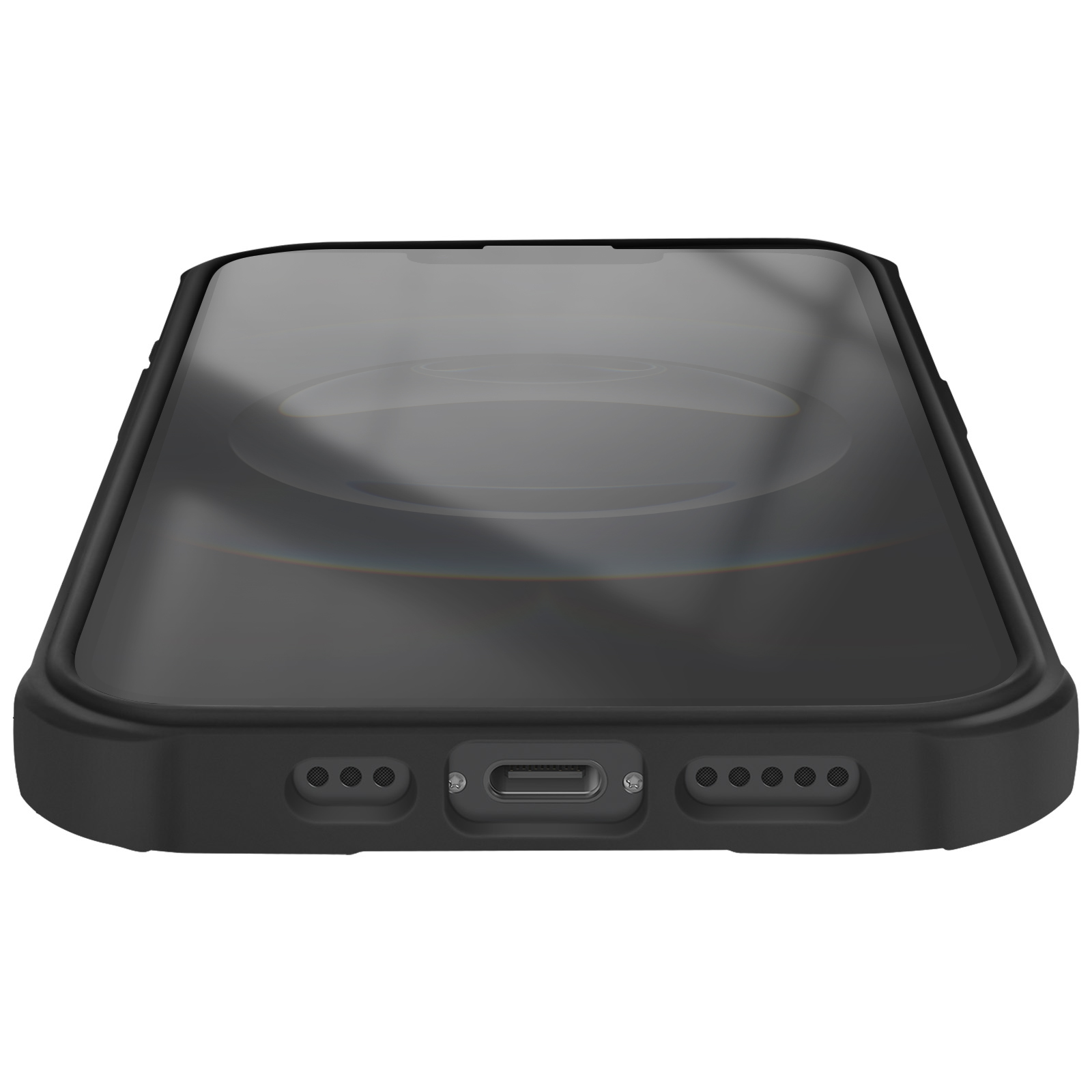 Uno smartphone nero con porta di ricarica e griglie altoparlanti visibili.