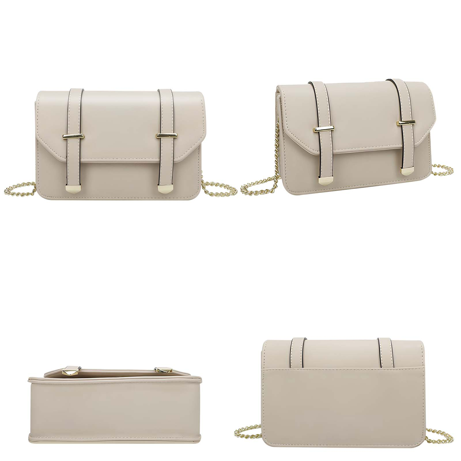 Un bolso color crema con detalles dorados y correa de cadena.