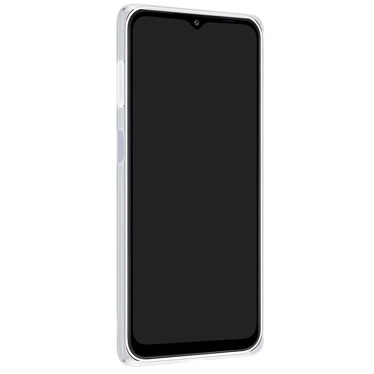 Una custodia protettiva trasparente per smartphone con schermo nero.