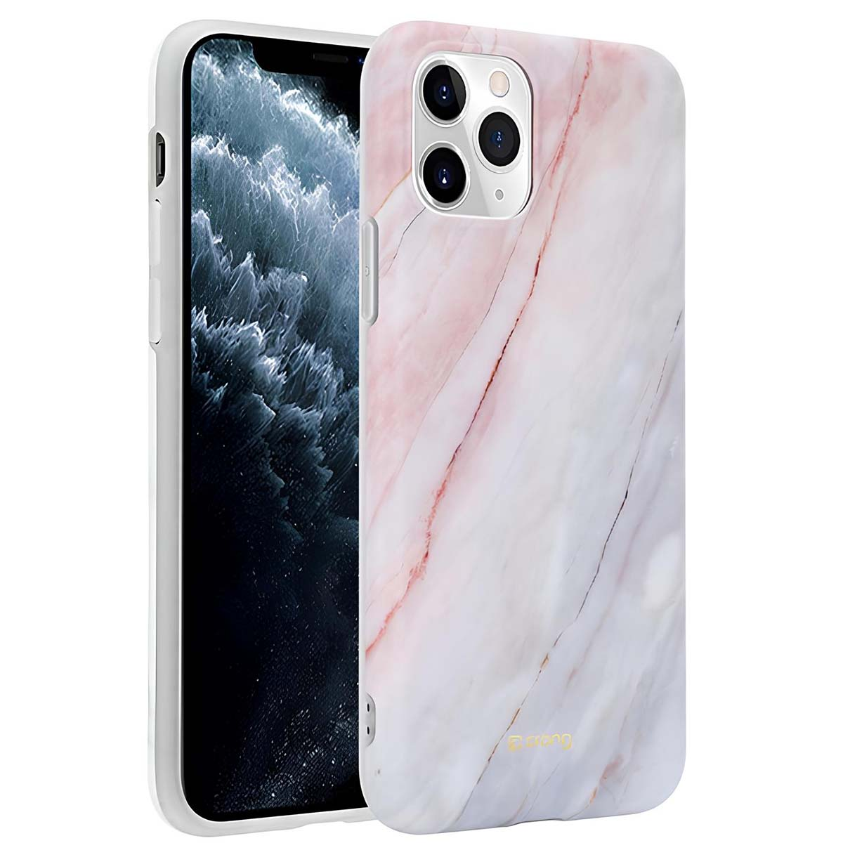 Viene mostrato un iPhone bianco con una custodia a fantasia marmo rosa e bianco.