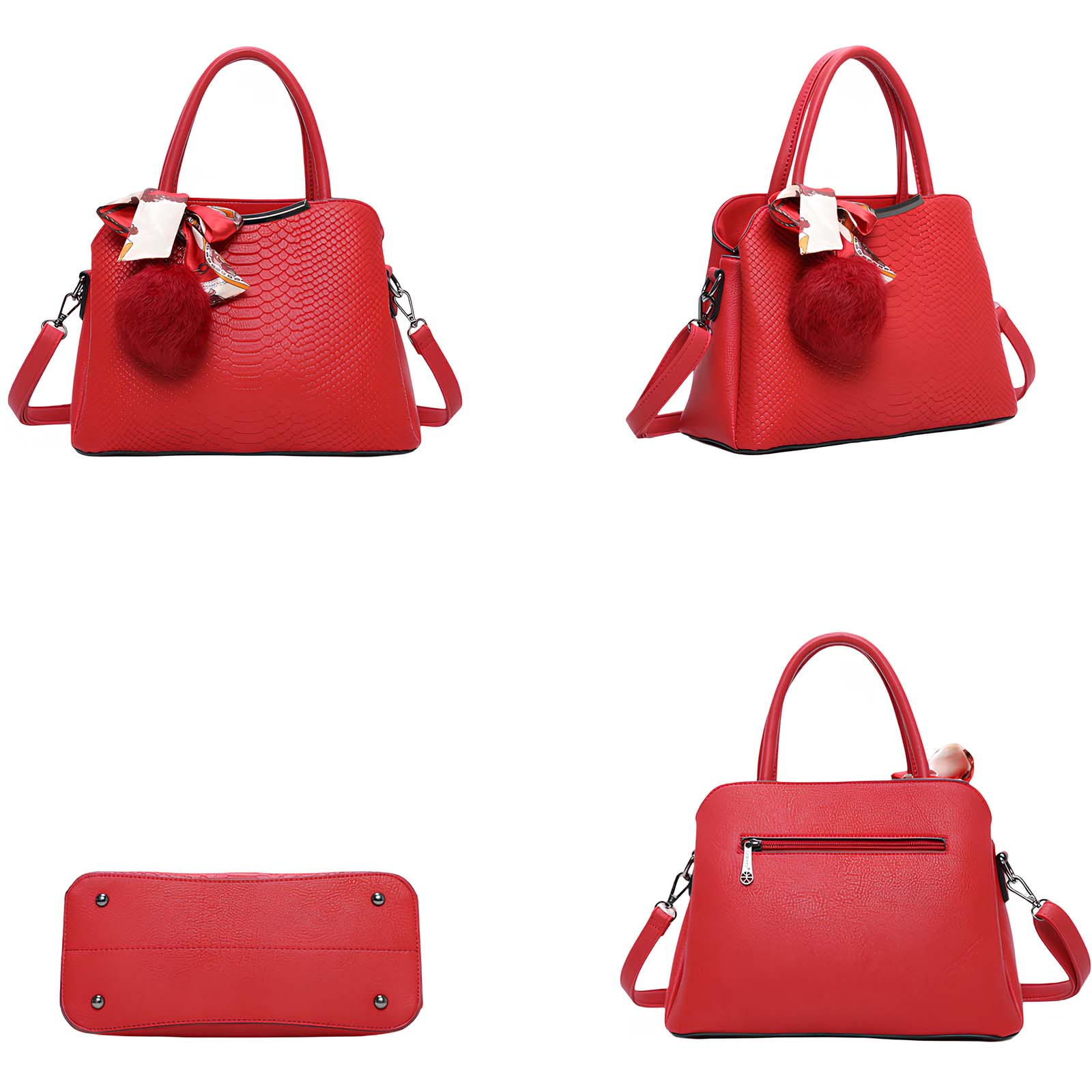 Bolso rojo con textura de piel de serpiente, lazo y pompón.
