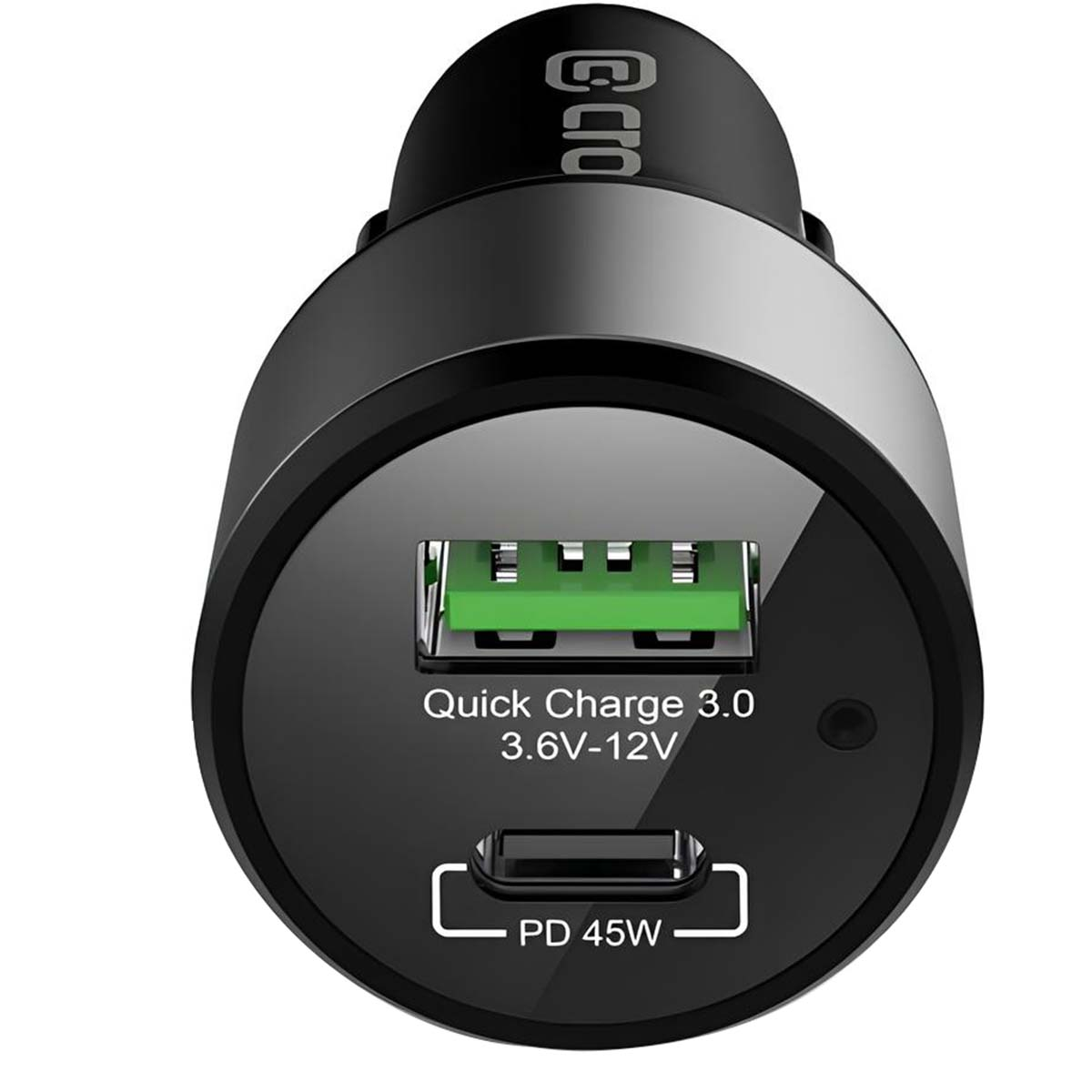 Schwarzer USB-Autoladegerät mit QC 3.0 und PD 45W Anschlüssen.