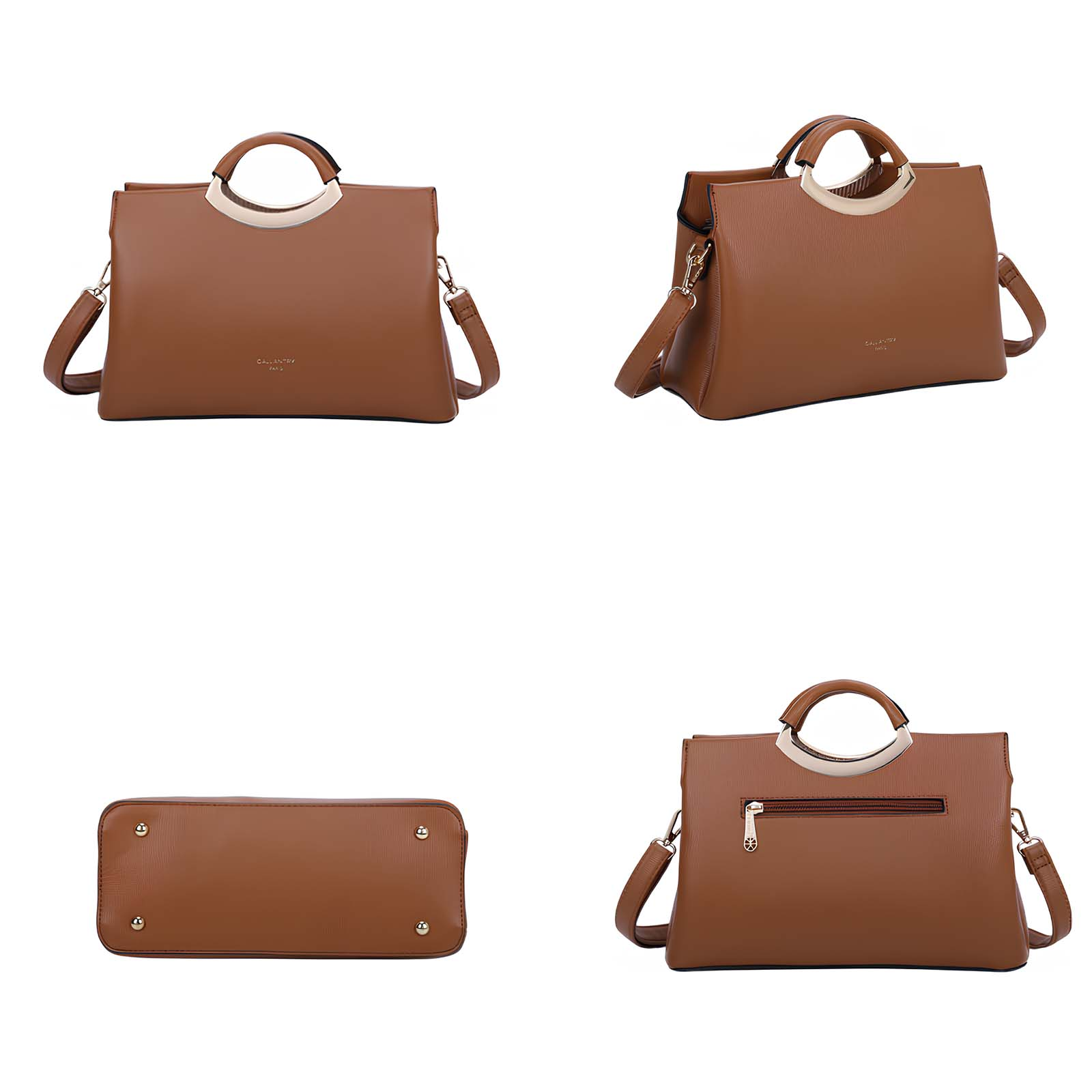 Bolso marrón con asa y correa desmontable.