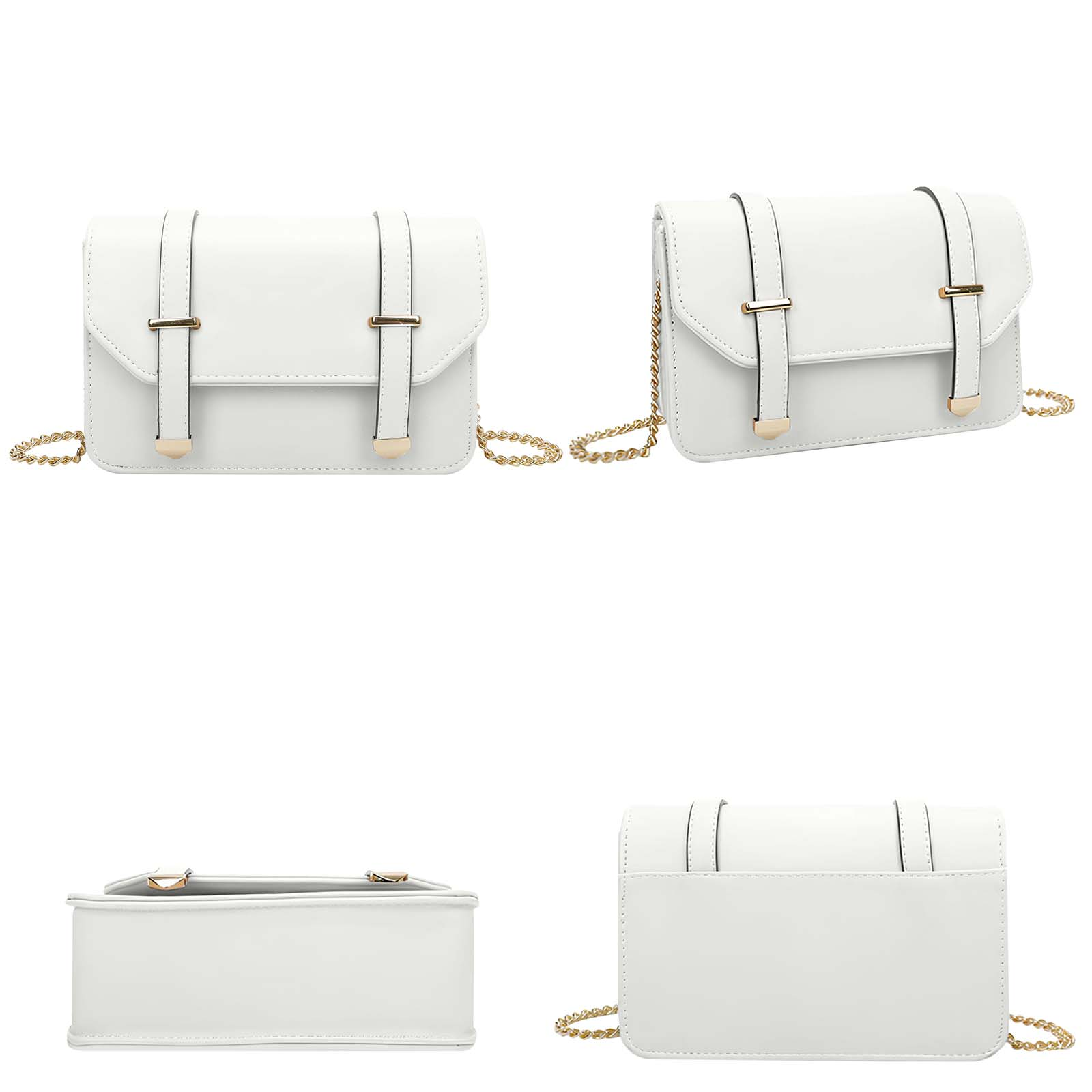 Cuatro vistas de un bolso cruzado blanco con hebillas y cadena doradas.