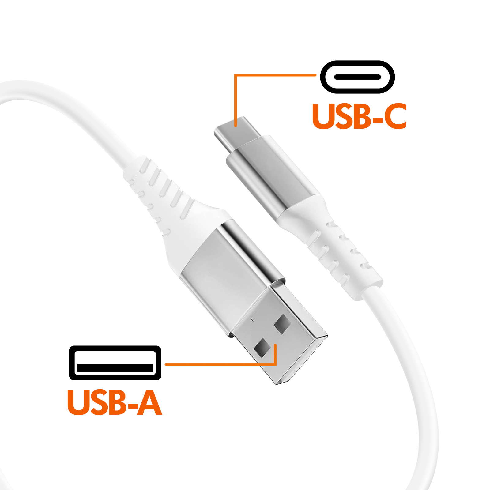 Weißes USB-Kabel mit USB-A- und USB-C-Anschlüssen.