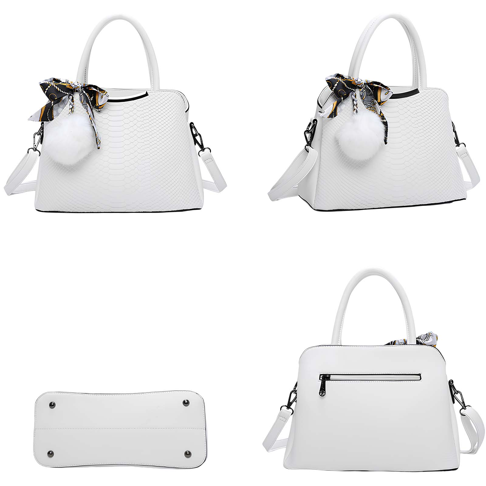 Bolso blanco grabado con pañuelo y pompón. Se muestran varias vistas.