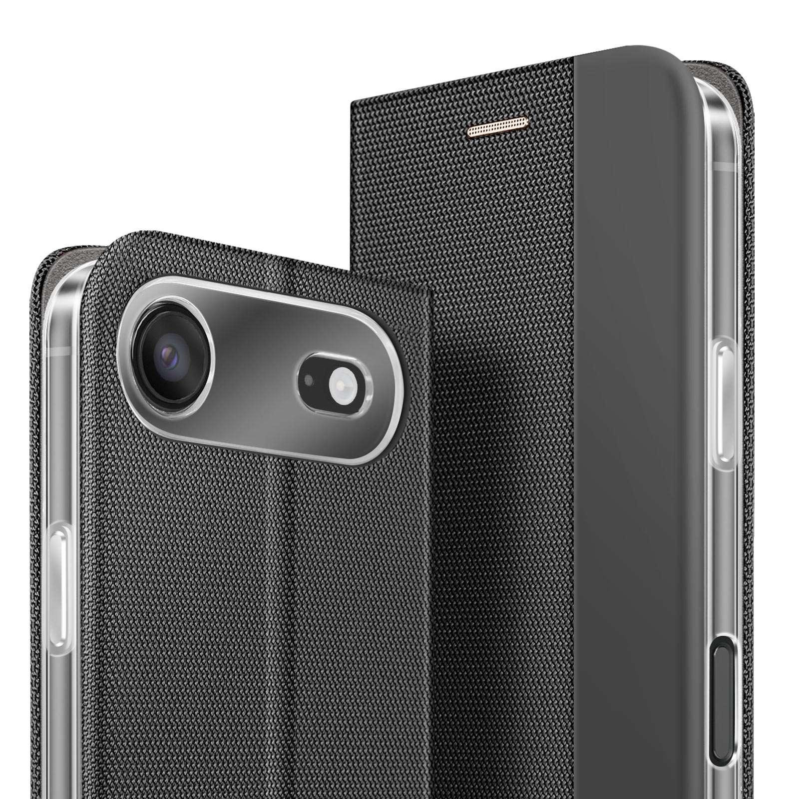 Telefono cellulare nero con custodia in tessuto e lente fotocamera visibile.