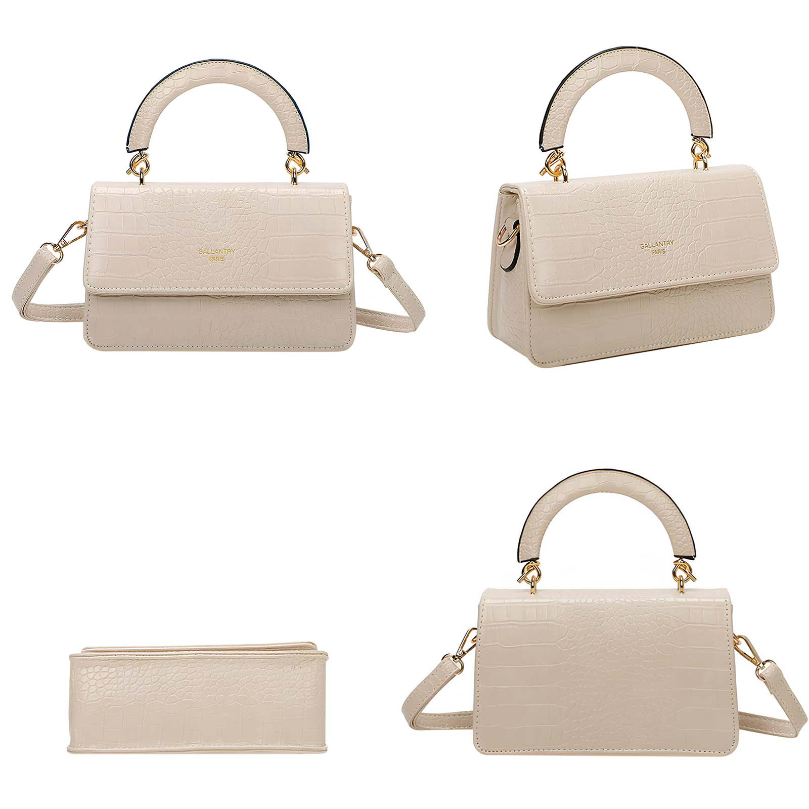 Un bolso color crema texturizado de cocodrilo con asa corta y correa.