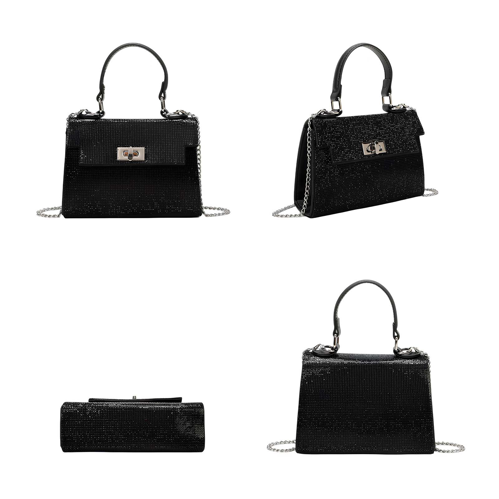 Bolso negro brillante con cadena plateada y asa.
