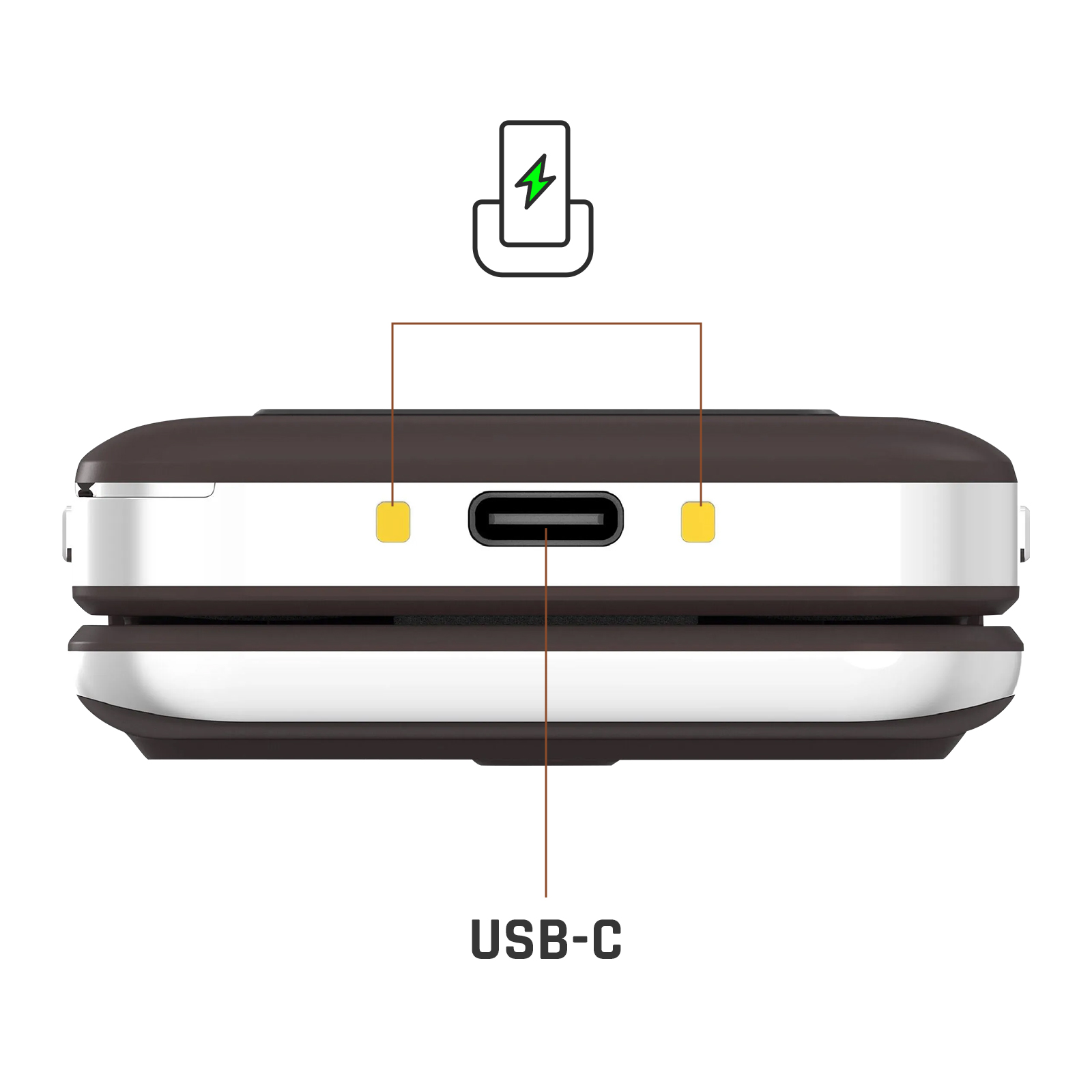 Primer plano de un puerto USB-C con icono de carga.