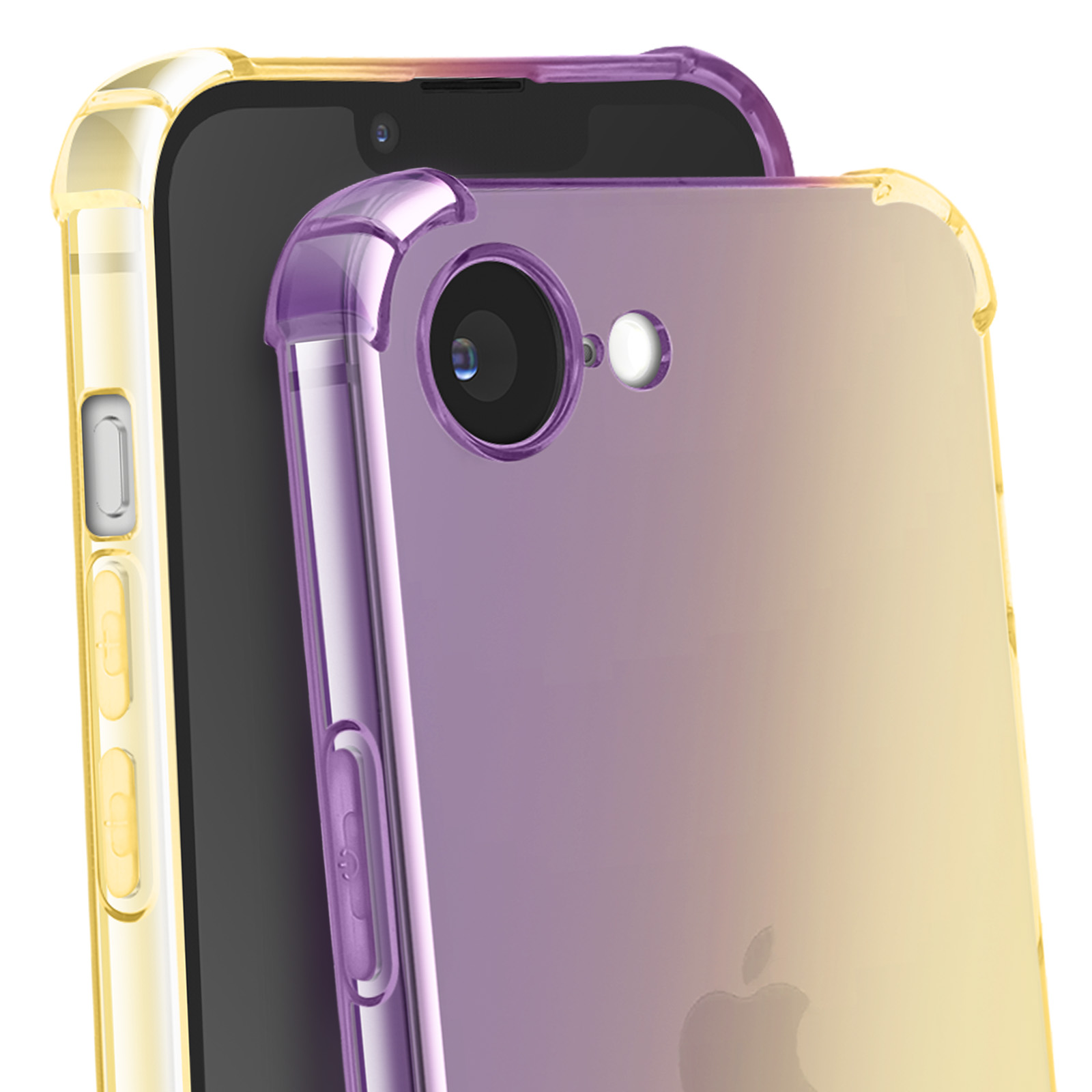 Deux téléphones avec des coques transparentes, une dégradée violet-jaune, l'autre jaune.