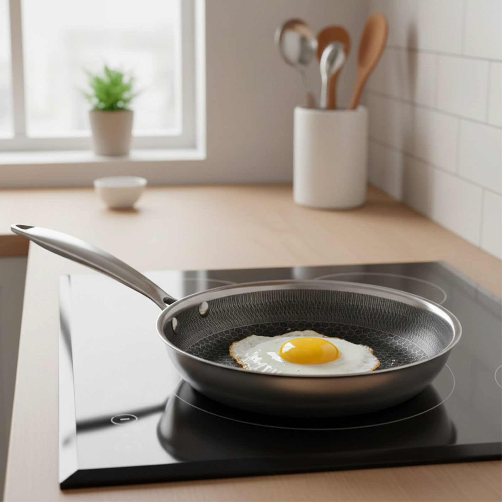 Un œuf au plat cuit dans une poêle sur une plaque à induction.