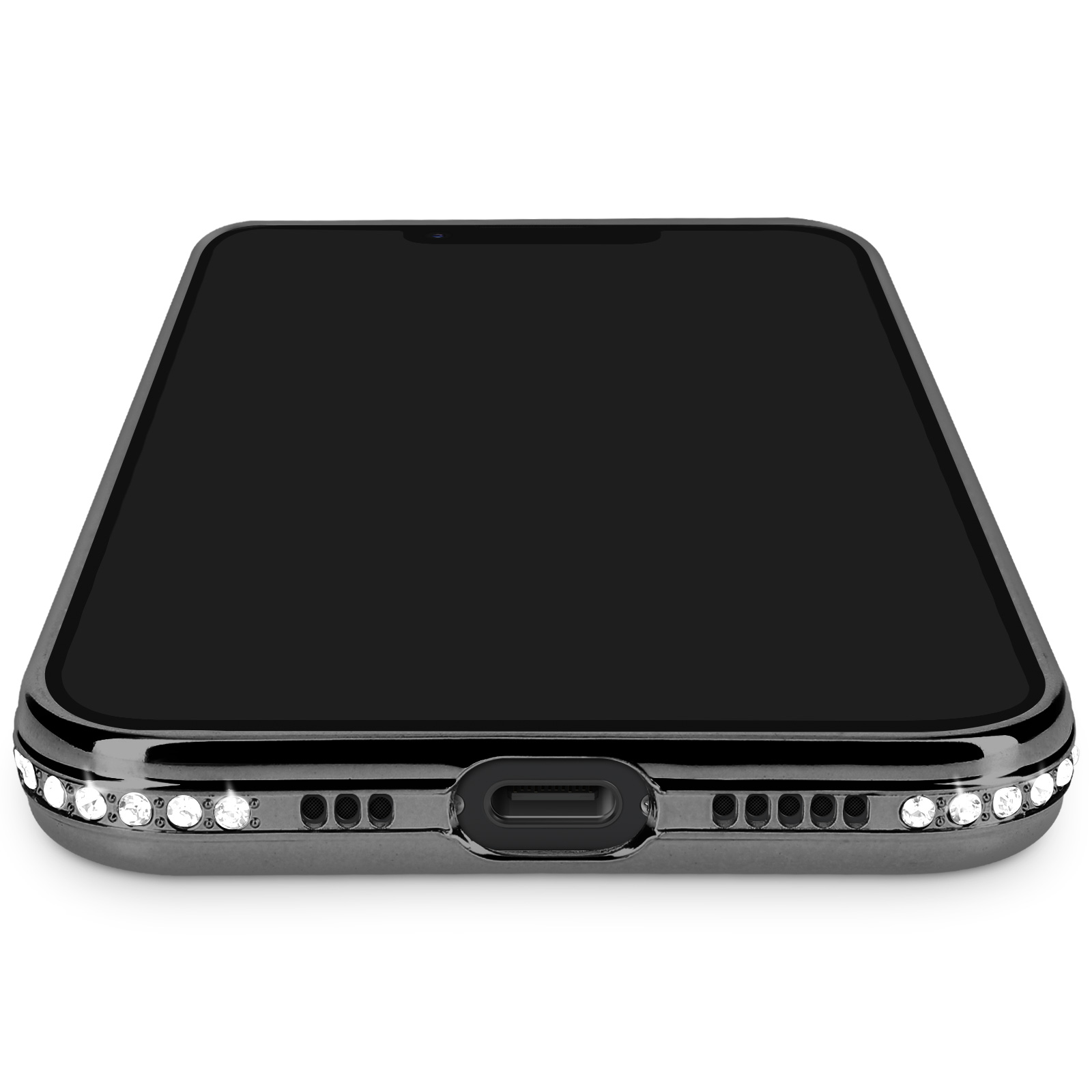 Zwarte smartphone met strass op de rand, witte achterkant.