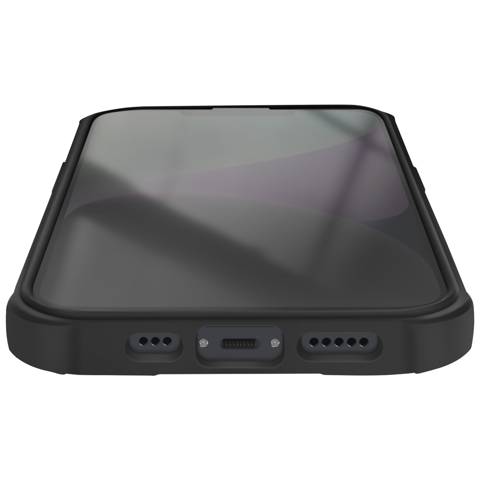 Smartphone nero con porta di ricarica e griglie altoparlanti.