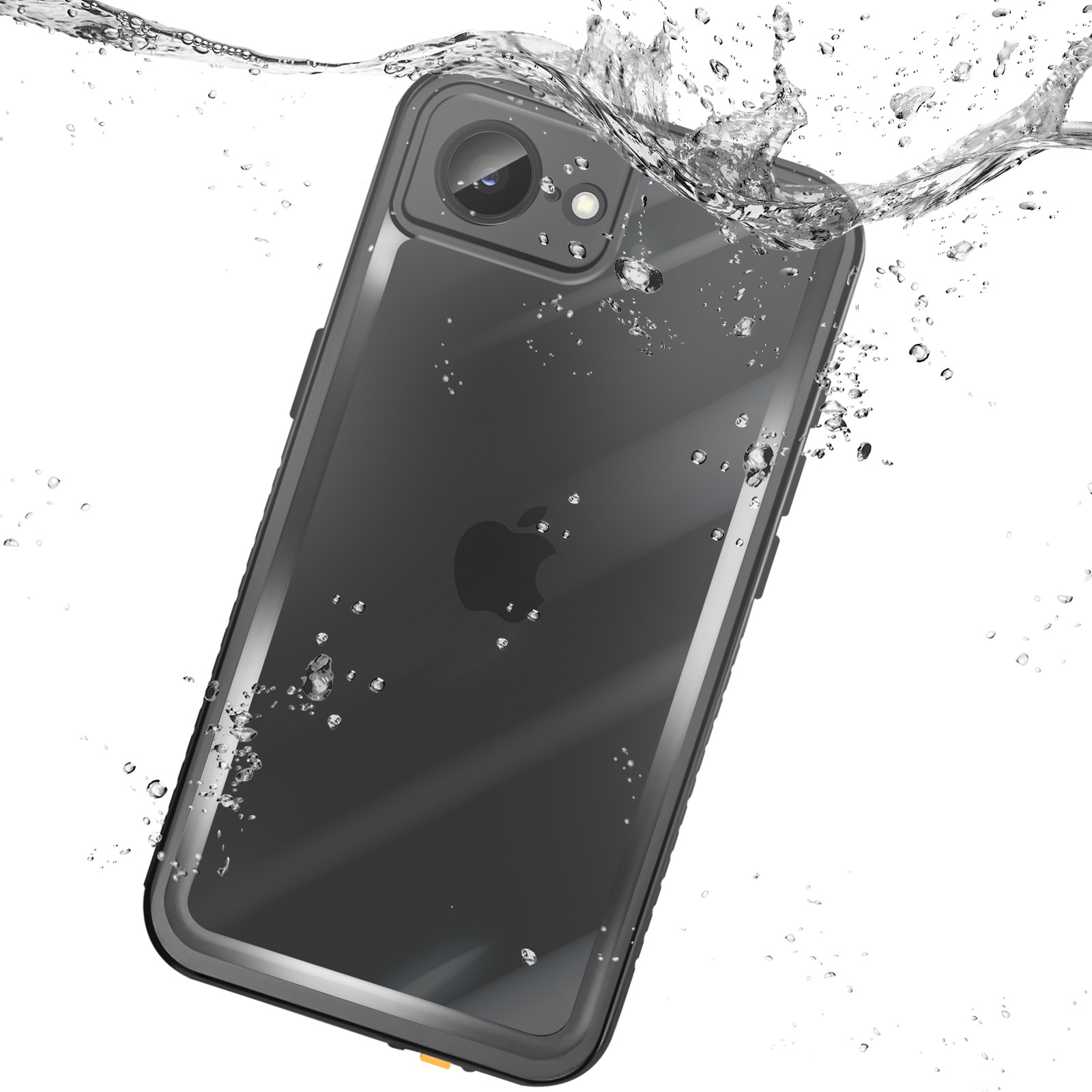Uno smartphone scuro in custodia protettiva si immerge nell'acqua, schizzi e bolle.