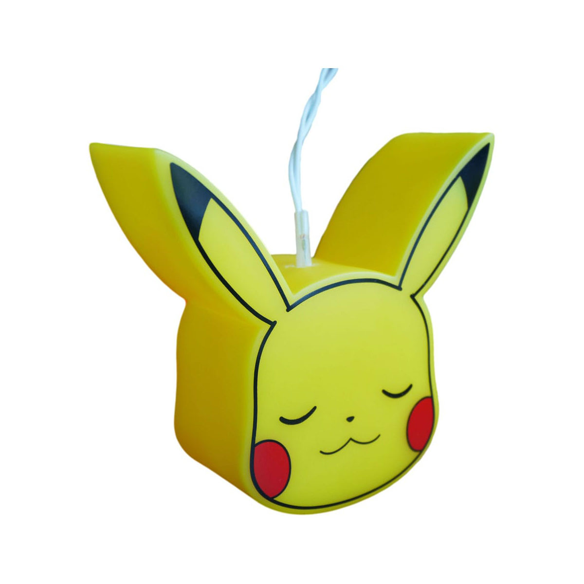 Une lumière jaune en forme de Pikachu, yeux fermés, joues rouges et oreilles bordées de noir.