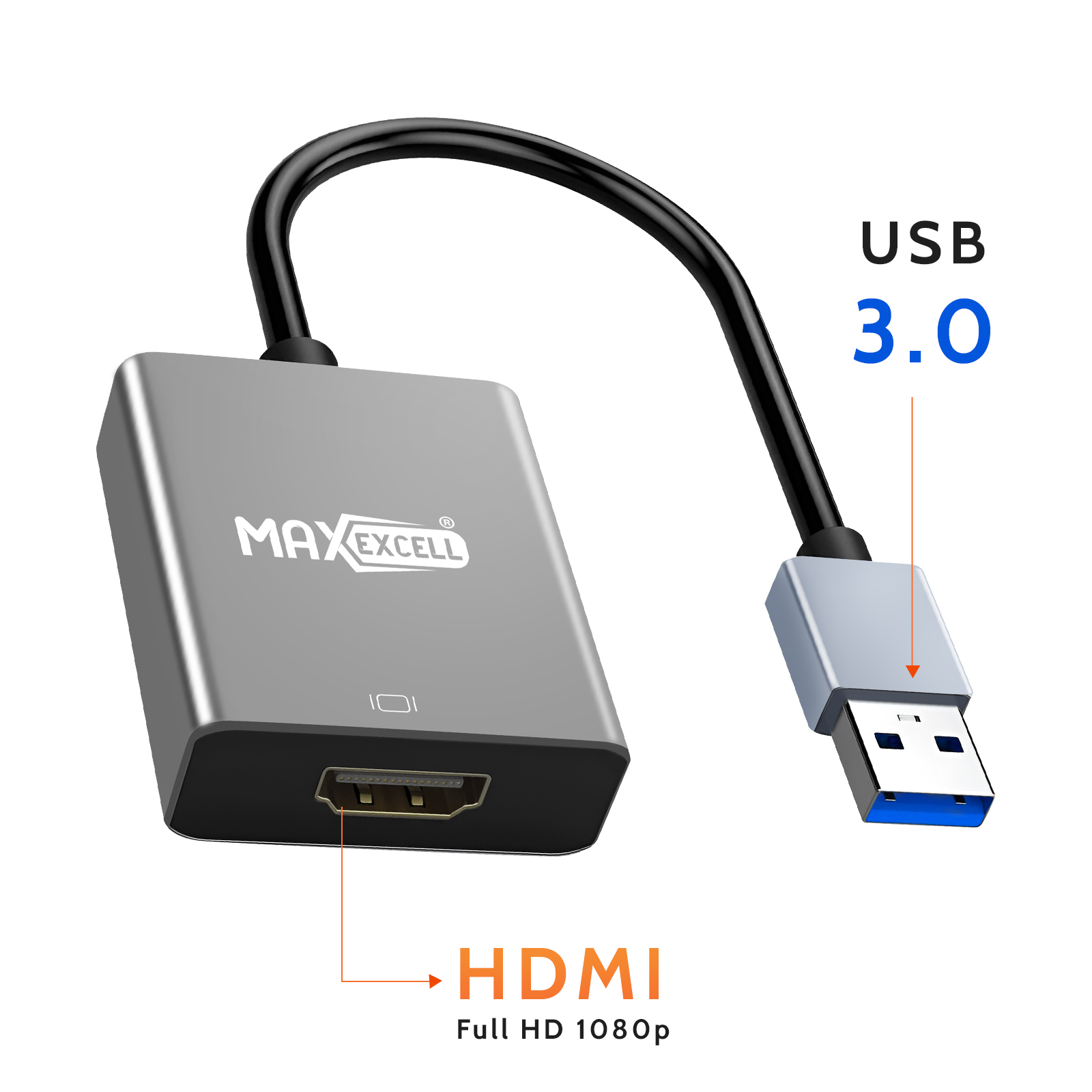 Adattatore da USB 3.0 a HDMI grigio con cavo nero e connettore USB blu.