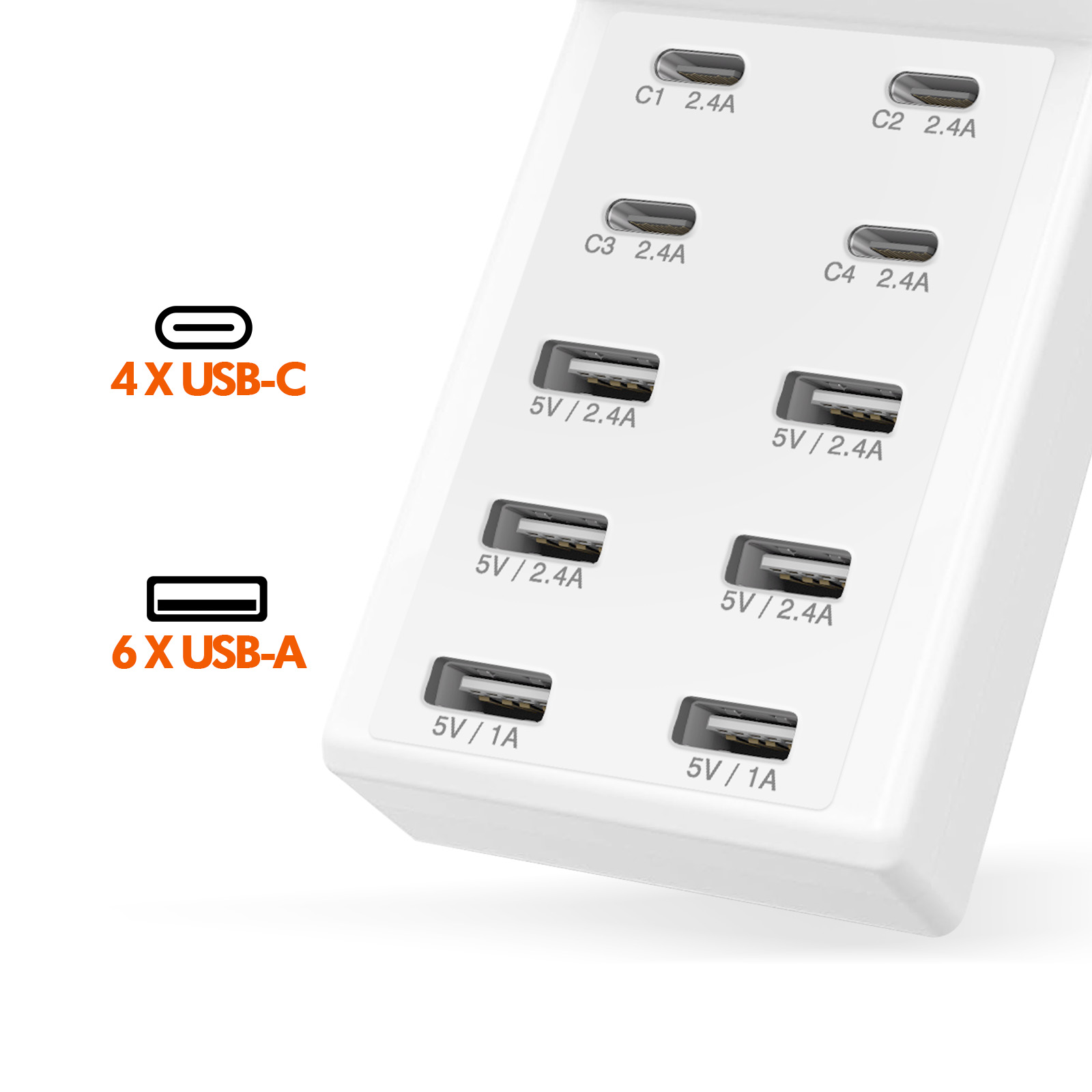 Ein weißes Ladegerät mit 4 USB-C- und 6 USB-A-Anschlüssen.