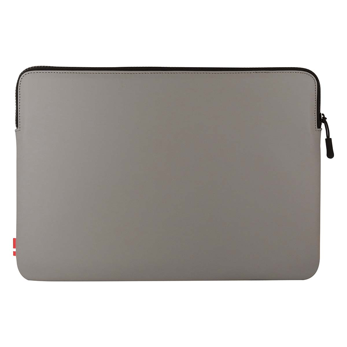 Custodia grigia per laptop con cerniera e piccola etichetta rossa.