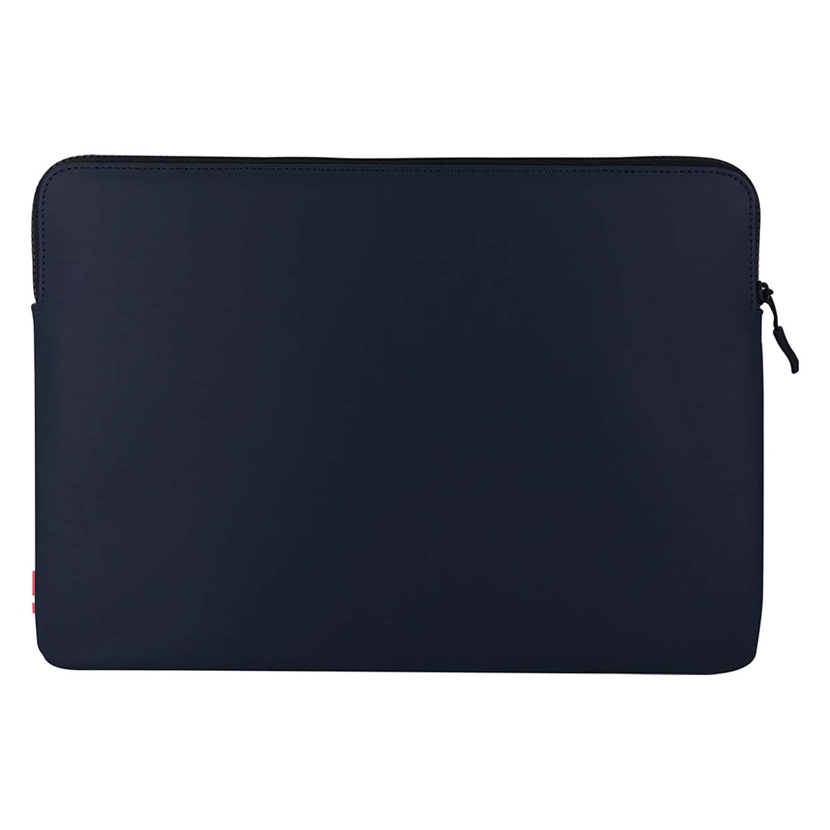Dunkelblaue Laptoptasche mit Reißverschluss und rotem Etikett.