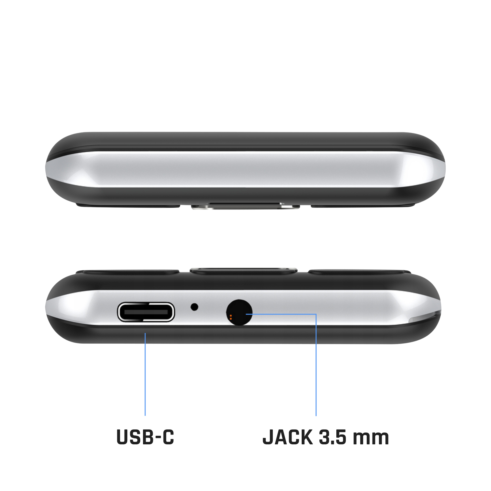Vista superior e inferior de un teléfono negro con puertos USB-C y jack de 3,5 mm.