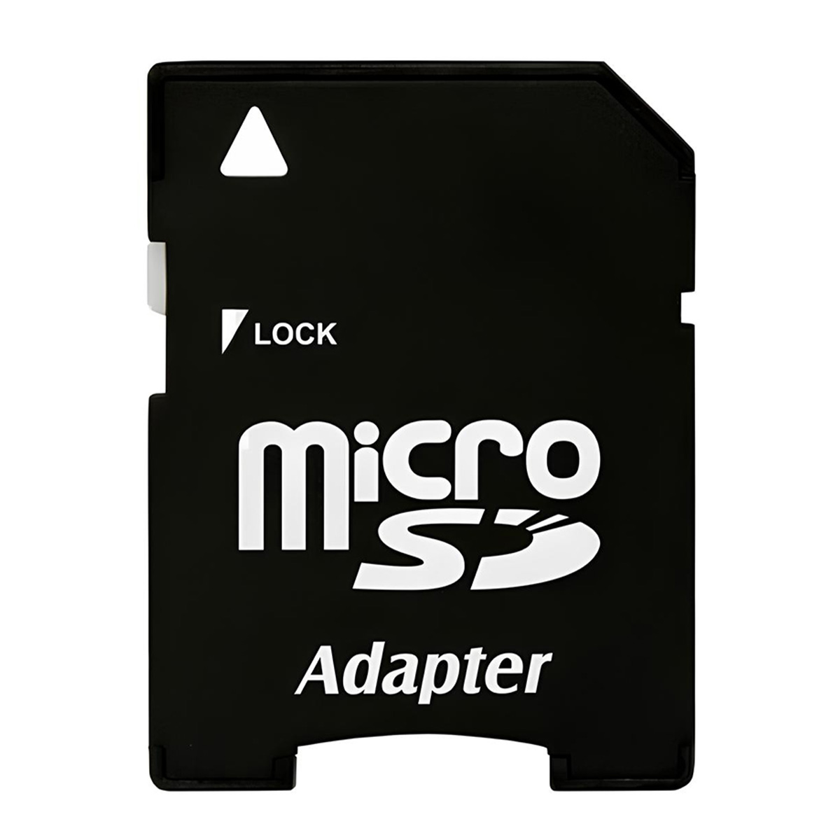 Adattatore Micro SD nero con testo bianco 'Micro SD Adapter' e simbolo di lucchetto.