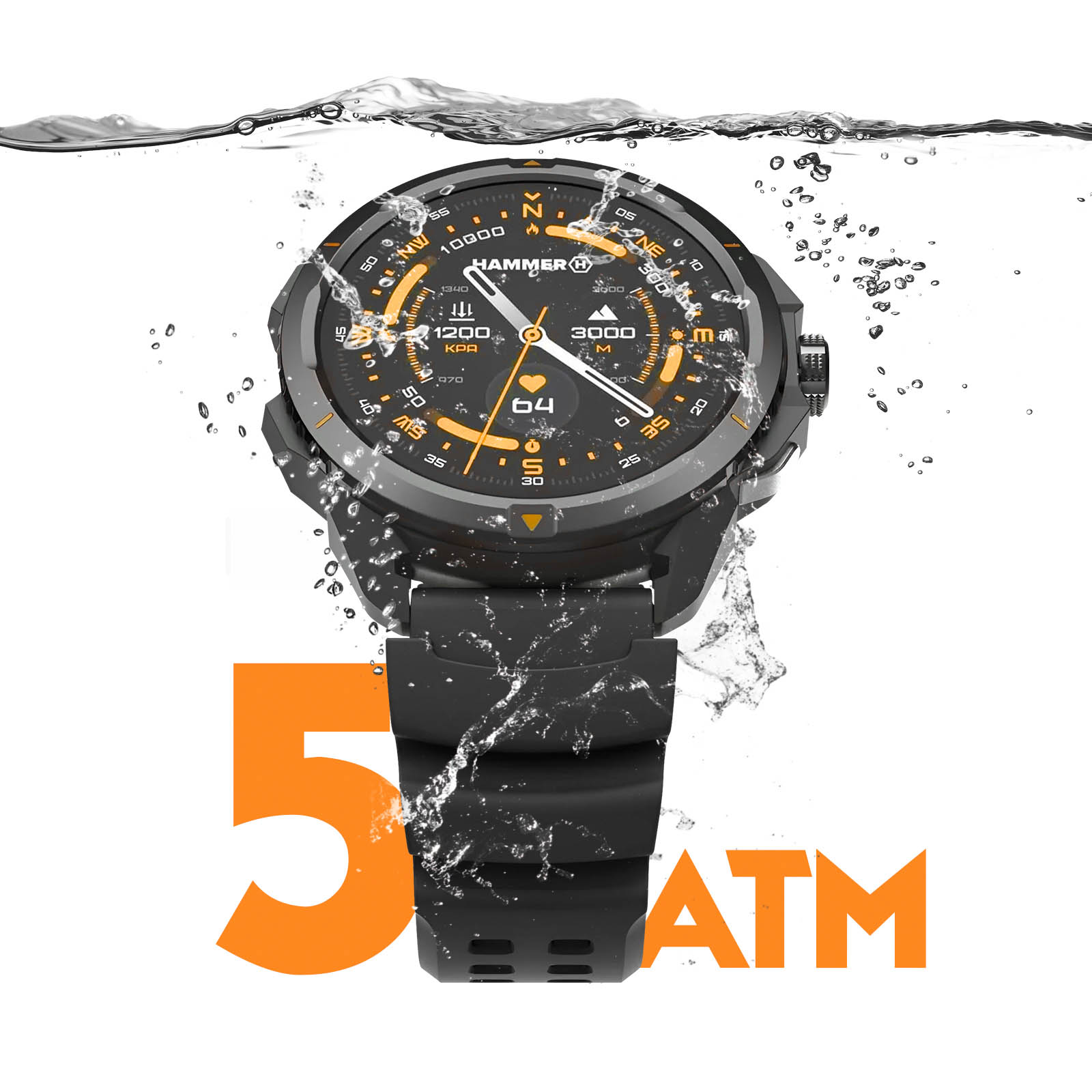 Une montre connectée noire à cadran orange est immergée dans l'eau.